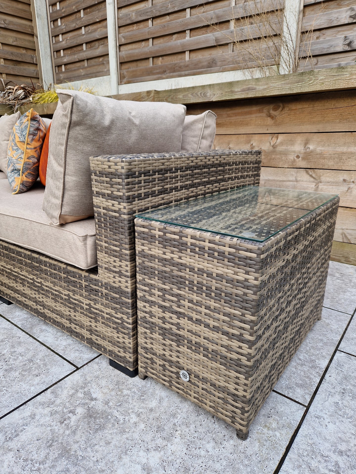 Signature Weave - Outdoor Furniture - Jessica - Corner With Poof & End Tables In Mixed Brown